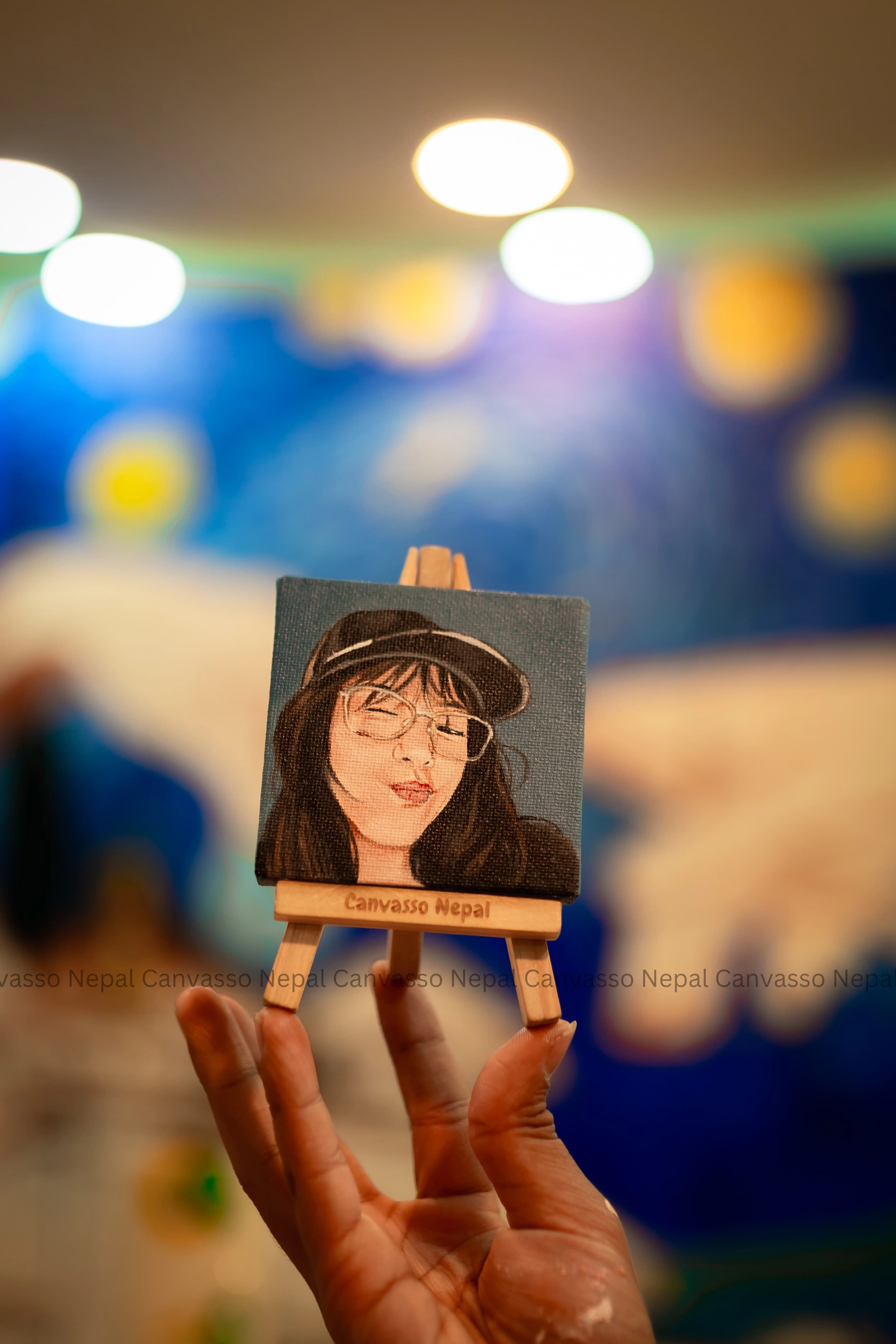 Hand-painted mini canvas portrait with a couple illustration