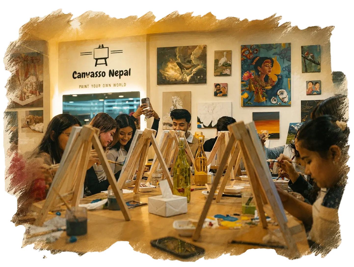 Hand-painted portrait of a couple displayed on a canvas easel